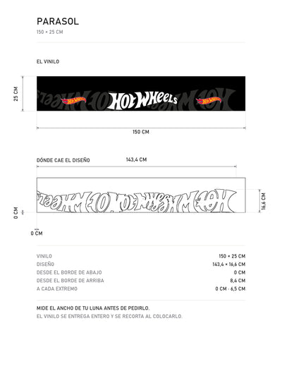 Lamina de medidas del parasol Hot Wheels Black Edition · Patrón de Logos: el vinilo de 150 x 25 cm, donde cae el diseño dentro de la tira y la tabla de medidas, de MOA-Grafics.