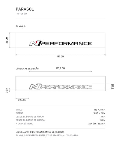 Lamina de medidas del parasol Hyundai blanco con el rotulo N PERFORMANCE en negro: el vinilo de 150 x 25 cm, donde cae el diseño dentro de la tira y la tabla de medidas, de MOA-Grafics.