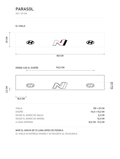 Lamina de medidas del parasol Hyundai blanco con el emblema ovalado a cada lado y el logotipo N en el centro: el vinilo de 150 x 25 cm, donde cae el diseño dentro de la tira y la tabla de medidas, de MOA-Grafics.