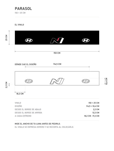 Lamina de medidas del parasol Hyundai negro con el emblema ovalado a cada lado y el logotipo N en el centro: el vinilo de 150 x 25 cm, donde cae el diseño dentro de la tira y la tabla de medidas, de MOA-Grafics.
