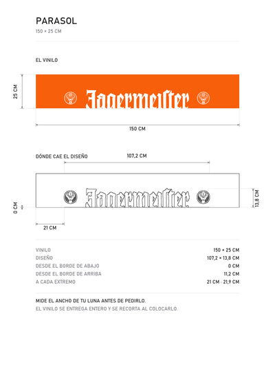 Lamina de medidas del parasol Jägermeister · Anatomía del Naranja: el vinilo de 150 x 25 cm, donde cae el diseño dentro de la tira y la tabla de medidas, de MOA-Grafics.
