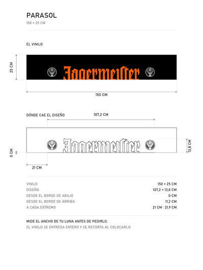 Lamina de medidas del parasol Jägermeister · Anatomía del Naranja: el vinilo de 150 x 25 cm, donde cae el diseño dentro de la tira y la tabla de medidas, de MOA-Grafics.