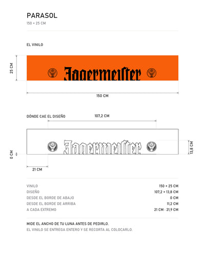 Lamina de medidas del parasol Jägermeister · Anatomía del Naranja: el vinilo de 150 x 25 cm, donde cae el diseño dentro de la tira y la tabla de medidas, de MOA-Grafics.