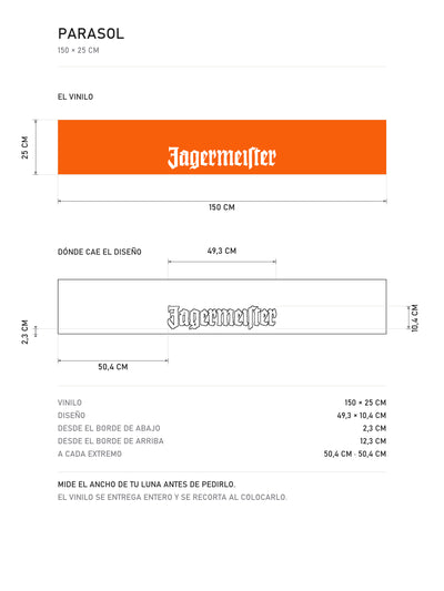 Lamina de medidas del parasol Jägermeister · Naranja de Competición: el vinilo de 150 x 25 cm, donde cae el diseño dentro de la tira y la tabla de medidas, de MOA-Grafics.