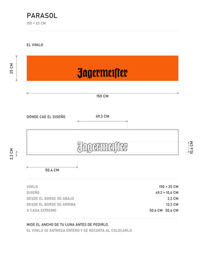 Lamina de medidas del parasol Jägermeister · Naranja de Competición: el vinilo de 150 x 25 cm, donde cae el diseño dentro de la tira y la tabla de medidas, de MOA-Grafics.