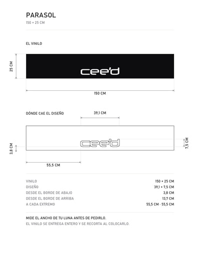 Lamina de medidas del parasol Kia negro con el lettering cee'd en blanco: el vinilo de 150 x 25 cm, donde cae el diseño dentro de la tira y la tabla de medidas, de MOA-Grafics.