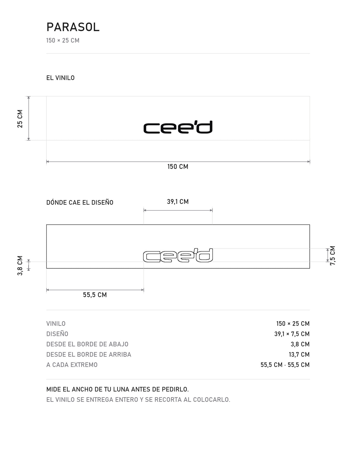 Lamina de medidas del parasol Kia blanco con el lettering cee'd en negro: el vinilo de 150 x 25 cm, donde cae el diseño dentro de la tira y la tabla de medidas, de MOA-Grafics.