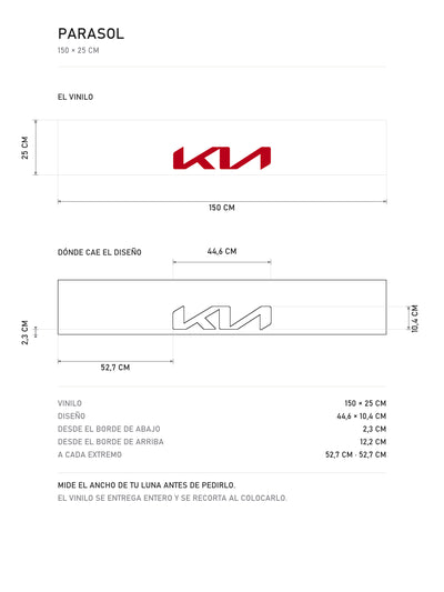 Lamina de medidas del parasol Kia blanco con el logotipo KIA en rojo: el vinilo de 150 x 25 cm, donde cae el diseño dentro de la tira y la tabla de medidas, de MOA-Grafics.