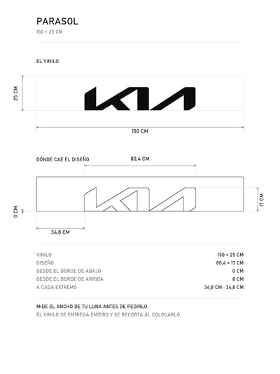 Lamina de medidas del parasol Kia blanco con el logotipo KIA en negro a gran tamano: el vinilo de 150 x 25 cm, donde cae el diseno dentro de la tira y la tabla de medidas, de MOA-Grafics.