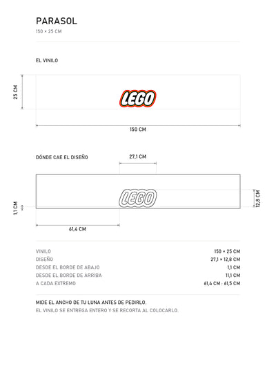 Lamina de medidas del parasol LEGO · Logotipo sobre Blanco: el vinilo de 150 x 25 cm, donde cae el diseño dentro de la tira y la tabla de medidas, de MOA-Grafics.