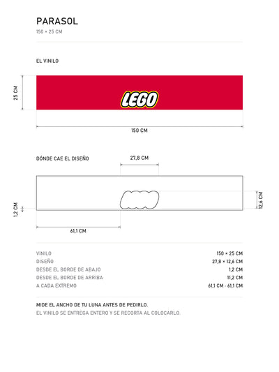 Lamina de medidas del parasol LEGO · Logotipo Clásico: el vinilo de 150 x 25 cm, donde cae el diseño dentro de la tira y la tabla de medidas, de MOA-Grafics.