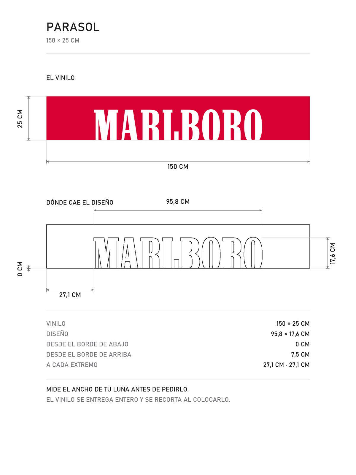 Lamina de medidas del parasol Marlboro · Estilo Racing Clásico: el vinilo de 150 x 25 cm, donde cae el diseño dentro de la tira y la tabla de medidas, de MOA-Grafics.