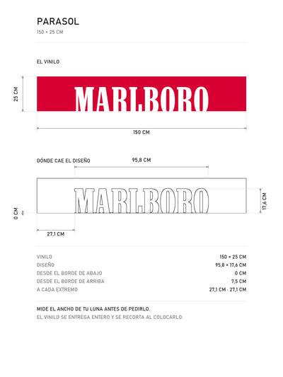 Lamina de medidas del parasol Marlboro · Estilo Racing Clásico: el vinilo de 150 x 25 cm, donde cae el diseño dentro de la tira y la tabla de medidas, de MOA-Grafics.