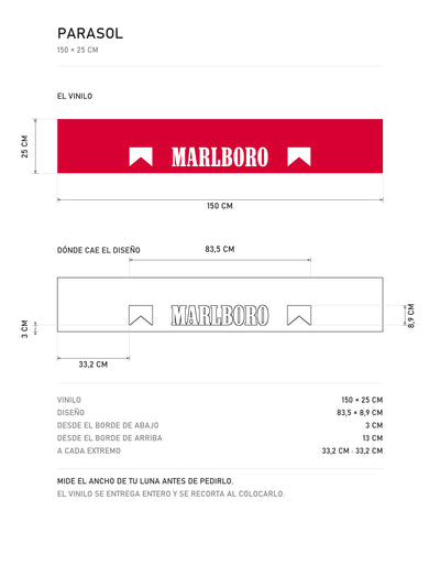 Lamina de medidas del parasol Marlboro · Edición Clásica: el vinilo de 150 x 25 cm, donde cae el diseño dentro de la tira y la tabla de medidas, de MOA-Grafics.