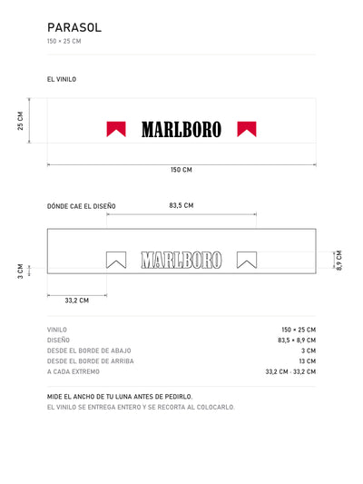 Lamina de medidas del parasol Marlboro · Edición Clásica: el vinilo de 150 x 25 cm, donde cae el diseño dentro de la tira y la tabla de medidas, de MOA-Grafics.