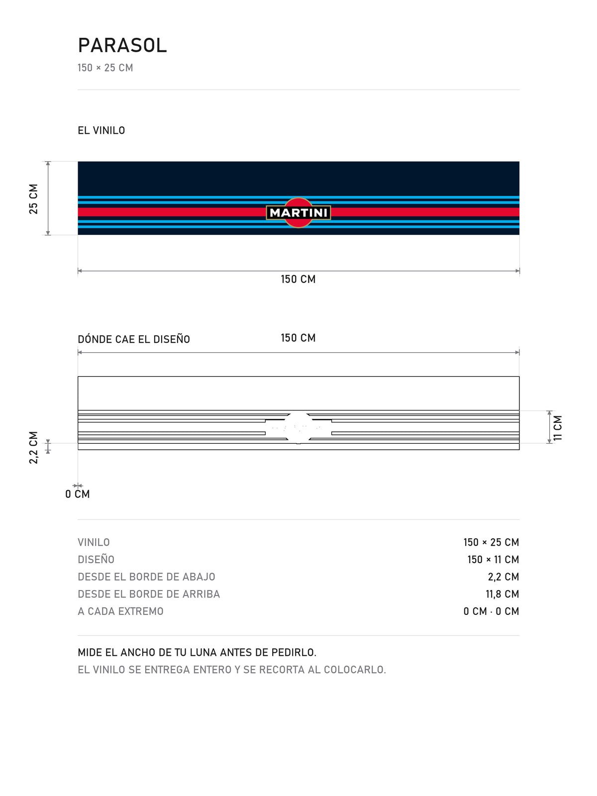 Lamina de medidas del parasol Martini Racing · Emblema Circular Azul: el vinilo de 150 x 25 cm, donde cae el diseño dentro de la tira y la tabla de medidas, de MOA-Grafics.