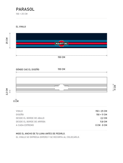 Lamina de medidas del parasol Martini Racing · Emblema Circular Azul: el vinilo de 150 x 25 cm, donde cae el diseño dentro de la tira y la tabla de medidas, de MOA-Grafics.