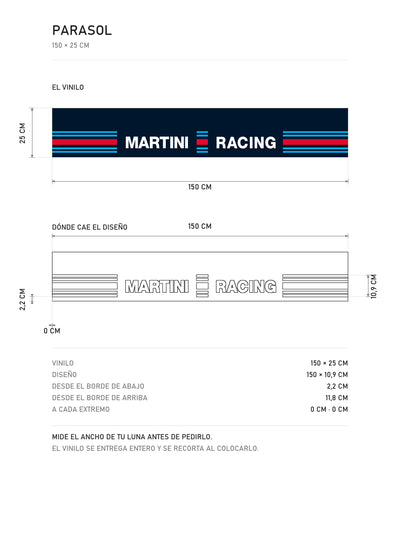 Lamina de medidas del parasol Martini Racing azul marino con el lettering en blanco y las franjas laterales: el vinilo de 150 x 25 cm, donde cae el diseno dentro de la tira y la tabla de medidas, de MOA-Grafics.