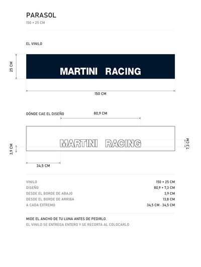 Lamina de medidas del parasol Martini Racing · Tipografía Racing: el vinilo de 150 x 25 cm, donde cae el diseño dentro de la tira y la tabla de medidas, de MOA-Grafics.
