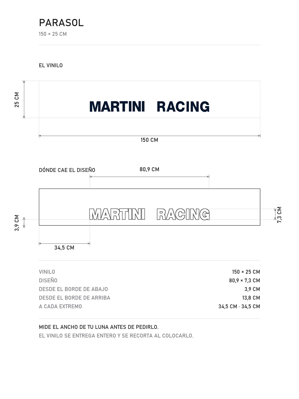 Lamina de medidas del parasol Martini Racing · Tipografía Racing: el vinilo de 150 x 25 cm, donde cae el diseño dentro de la tira y la tabla de medidas, de MOA-Grafics.