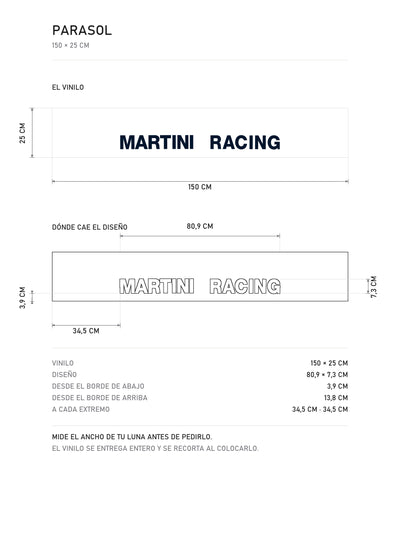 Lamina de medidas del parasol Martini Racing · Tipografía Racing: el vinilo de 150 x 25 cm, donde cae el diseño dentro de la tira y la tabla de medidas, de MOA-Grafics.