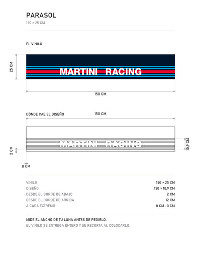 Lamina de medidas del parasol Martini Racing con el lettering y las franjas rectas: el vinilo de 150 x 25 cm, donde cae el diseño dentro de la tira y la tabla de medidas, de MOA-Grafics.
