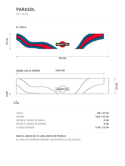 Lamina de medidas del parasol Martini Racing · Livery Clásica Blanca: el vinilo de 150 x 25 cm, donde cae el diseño dentro de la tira y la tabla de medidas, de MOA-Grafics.