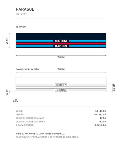 Lamina de medidas del parasol Martini Racing con el logotipo completo y las franjas tricolor: el vinilo de 150 x 25 cm, donde cae el diseño dentro de la tira y la tabla de medidas, de MOA-Grafics.