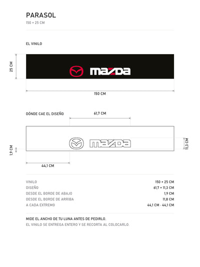 Lamina de medidas del parasol Mazda negro con el ovalo en rojo y el lettering MAZDA en blanco: el vinilo de 150 x 25 cm, donde cae el diseño dentro de la tira y la tabla de medidas, de MOA-Grafics.