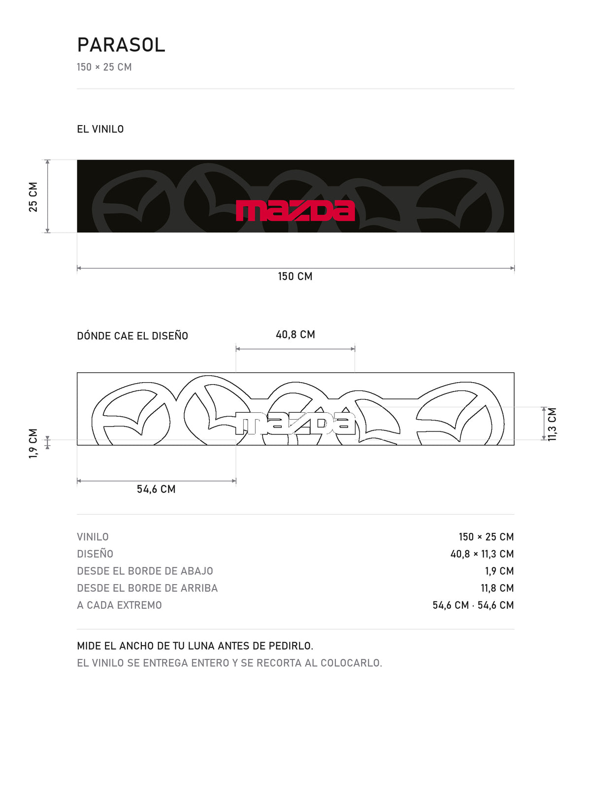 Lamina de medidas del parasol Mazda negro con el patron de emblemas en gris y el lettering MAZDA en rojo: el vinilo de 150 x 25 cm, donde cae el diseño dentro de la tira y la tabla de medidas, de MOA-Grafics.