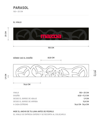 Lamina de medidas del parasol Mazda negro con el patron de emblemas en gris y el lettering MAZDA en rojo: el vinilo de 150 x 25 cm, donde cae el diseño dentro de la tira y la tabla de medidas, de MOA-Grafics.
