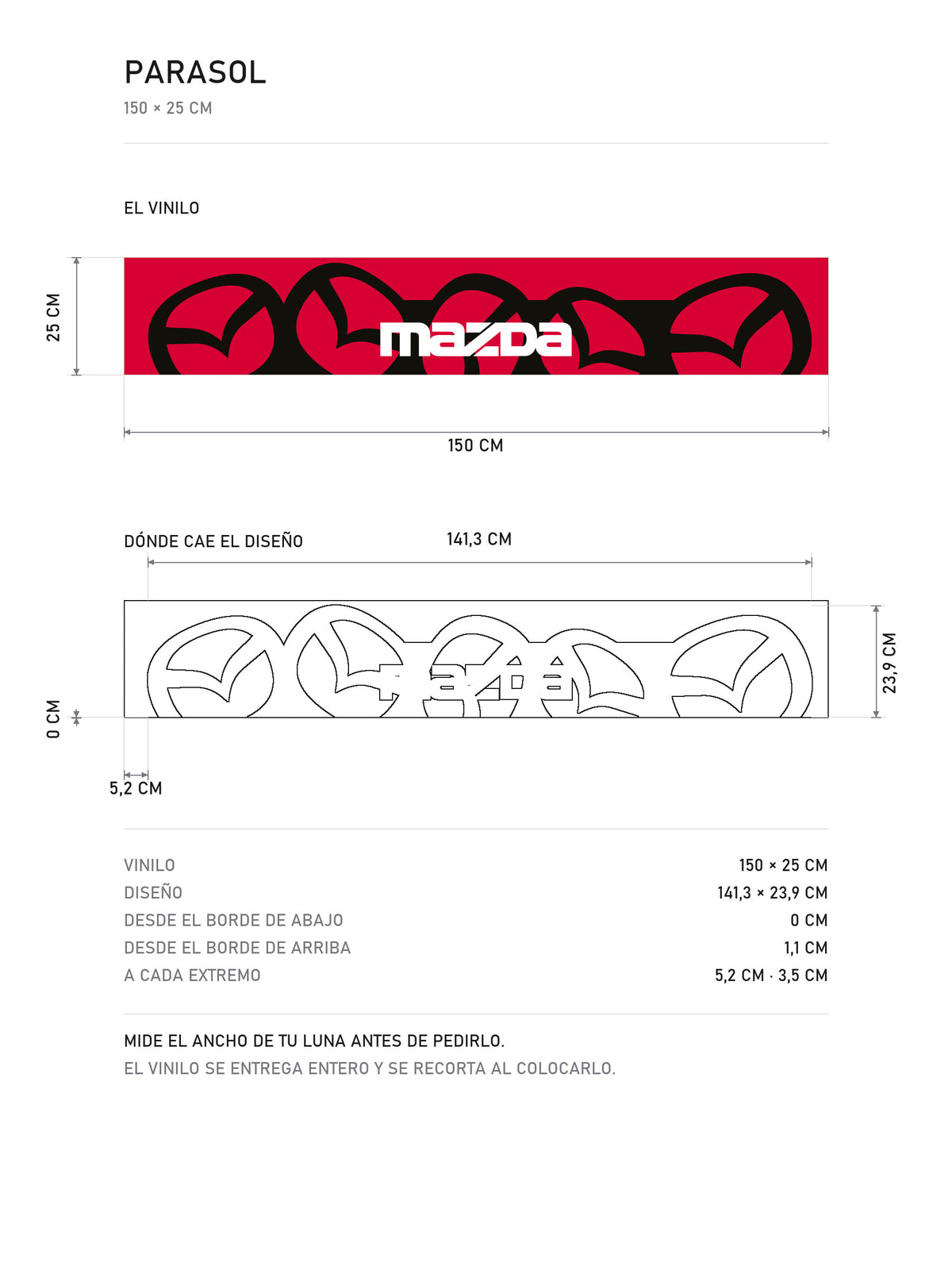 Lamina de medidas del parasol Mazda rojo con el patron de emblemas en negro y el lettering MAZDA en blanco: el vinilo de 150 x 25 cm, donde cae el diseno dentro de la tira y la tabla de medidas, de MOA-Grafics.