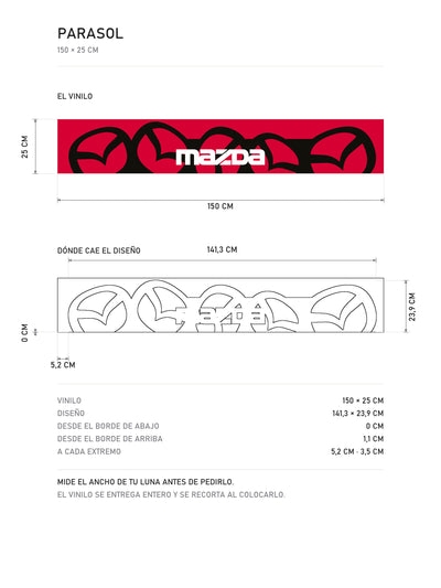 Lamina de medidas del parasol Mazda rojo con el patron de emblemas en negro y el lettering MAZDA en blanco: el vinilo de 150 x 25 cm, donde cae el diseno dentro de la tira y la tabla de medidas, de MOA-Grafics.