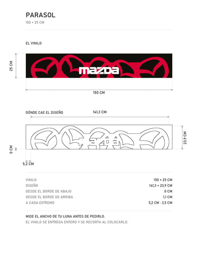 Lamina de medidas del parasol Mazda negro con el patron de emblemas en rojo y el lettering MAZDA en blanco: el vinilo de 150 x 25 cm, donde cae el diseño dentro de la tira y la tabla de medidas, de MOA-Grafics.