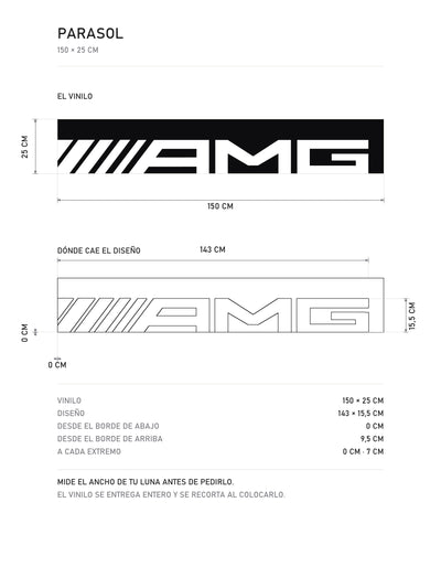 Lamina de medidas del parasol Mercedes-AMG negro con el lettering AMG en blanco a lo ancho de la tira: el vinilo de 150 x 25 cm, donde cae el diseño y la tabla de medidas, de MOA-Grafics.