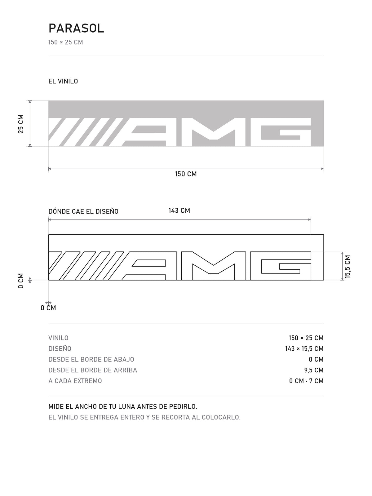 Lamina de medidas del parasol Mercedes-AMG plata con el lettering AMG en blanco a lo ancho de la tira: el vinilo de 150 x 25 cm, donde cae el diseño y la tabla de medidas, de MOA-Grafics.