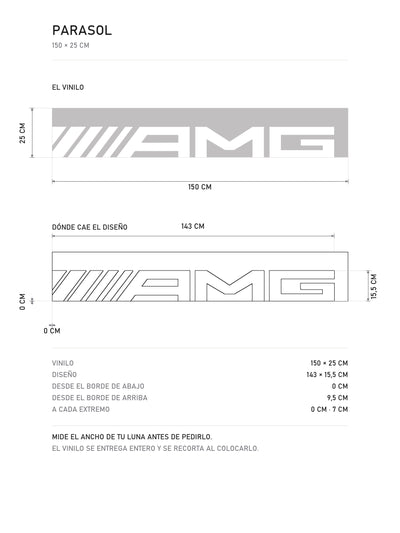 Lamina de medidas del parasol Mercedes-AMG plata con el lettering AMG en blanco a lo ancho de la tira: el vinilo de 150 x 25 cm, donde cae el diseño y la tabla de medidas, de MOA-Grafics.
