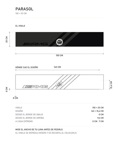 Lamina de medidas del parasol Mercedes-AMG negro con el escudo de Affalterbach: el vinilo de 150 x 25 cm, donde cae el diseño dentro de la tira y la tabla de medidas, de MOA-Grafics.