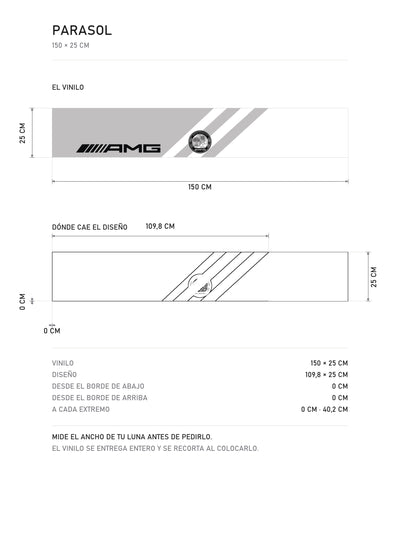 Lamina de medidas del parasol Mercedes-AMG plata con el escudo de Affalterbach: el vinilo de 150 x 25 cm, donde cae el diseño dentro de la tira y la tabla de medidas, de MOA-Grafics.