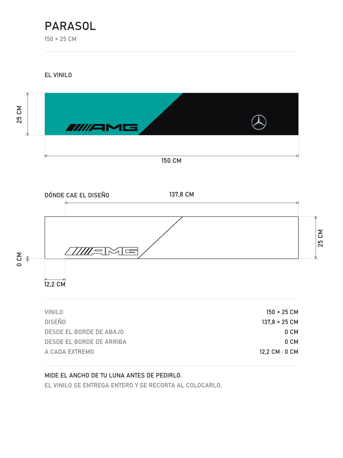 Lamina de medidas del parasol Mercedes-AMG con la livery Petronas en turquesa y la estrella: el vinilo de 150 x 25 cm, donde cae el diseño dentro de la tira y la tabla de medidas, de MOA-Grafics.