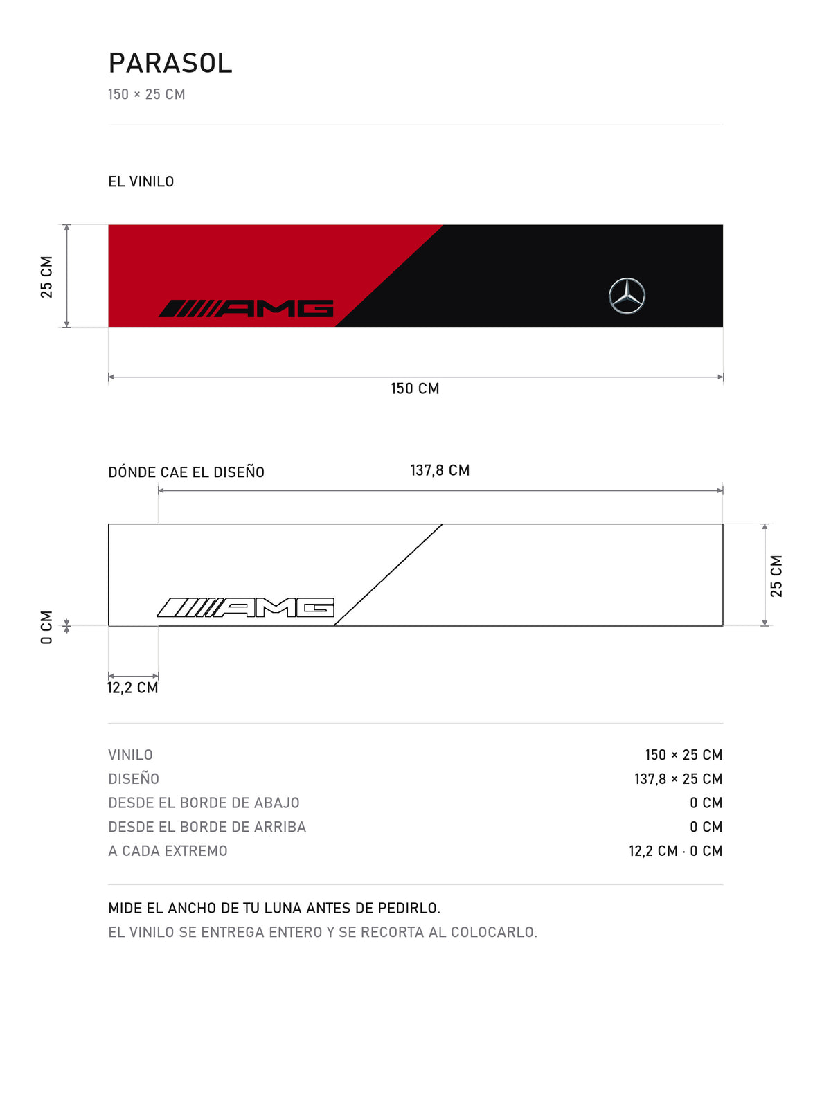 Lamina de medidas del parasol Mercedes-AMG con la livery en rojo sobre negro y la estrella: el vinilo de 150 x 25 cm, donde cae el diseño dentro de la tira y la tabla de medidas, de MOA-Grafics.