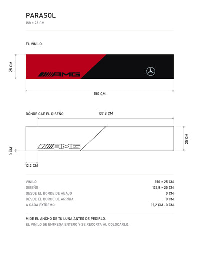 Lamina de medidas del parasol Mercedes-AMG con la livery en rojo sobre negro y la estrella: el vinilo de 150 x 25 cm, donde cae el diseño dentro de la tira y la tabla de medidas, de MOA-Grafics.