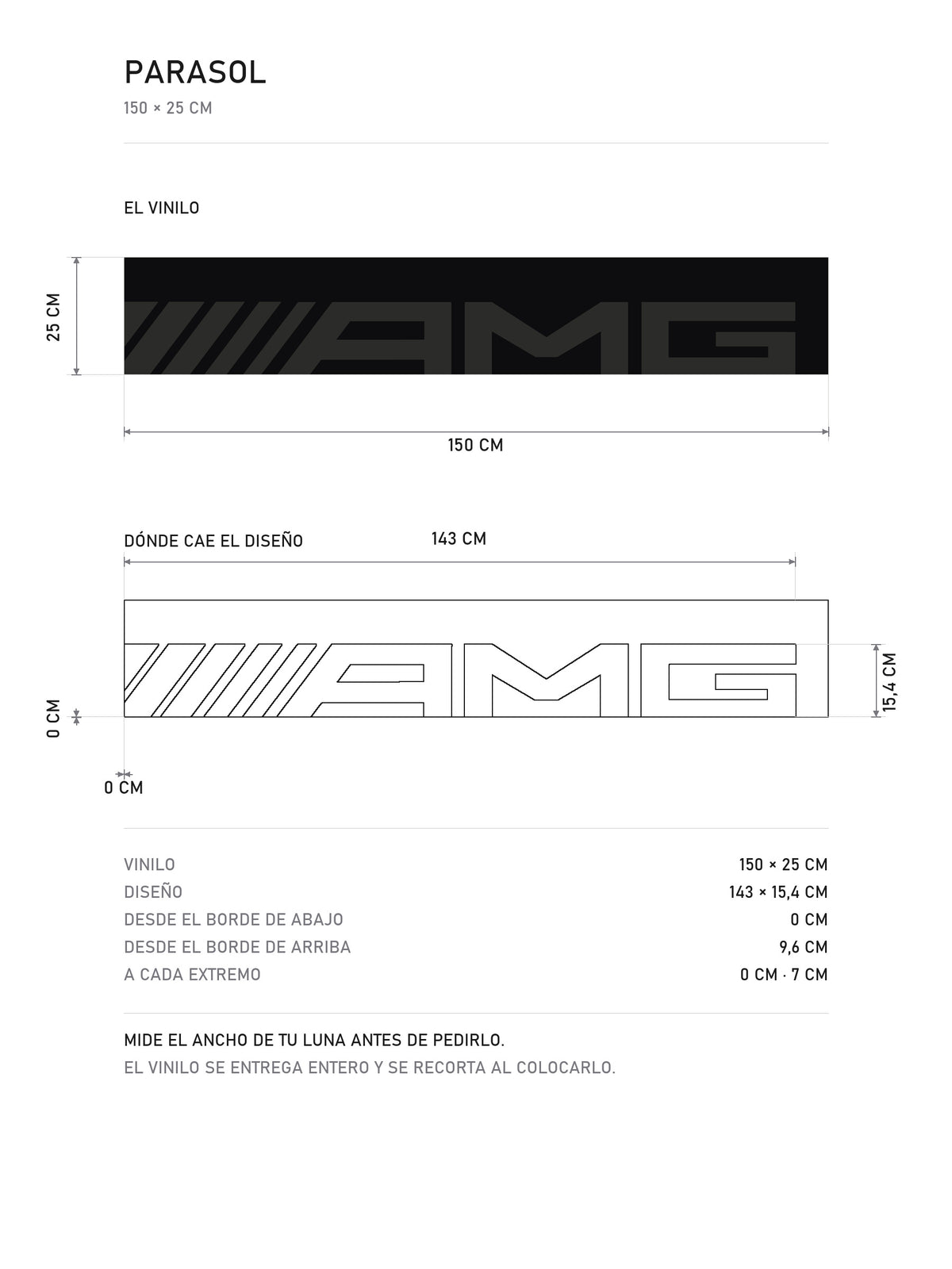 Lamina de medidas del parasol Mercedes-AMG negro con el lettering AMG en gris a lo ancho de la tira: el vinilo de 150 x 25 cm, donde cae el diseno y la tabla de medidas, de MOA-Grafics.
