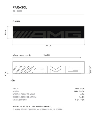 Lamina de medidas del parasol Mercedes-AMG negro con el lettering AMG en gris a lo ancho de la tira: el vinilo de 150 x 25 cm, donde cae el diseno y la tabla de medidas, de MOA-Grafics.