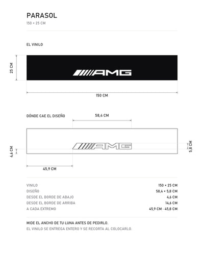 Lamina de medidas del parasol Mercedes-AMG negro con el lettering AMG en gris: el vinilo de 150 x 25 cm, donde cae el diseño dentro de la tira y la tabla de medidas, de MOA-Grafics.