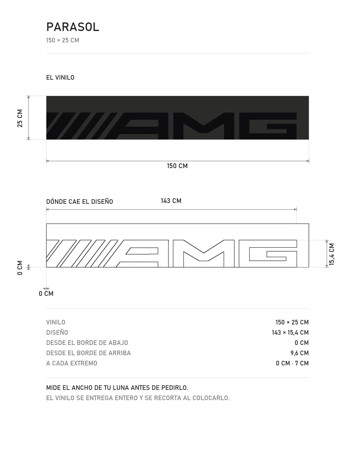 Lamina de medidas del parasol Mercedes-AMG plata con el lettering AMG en negro a lo ancho de la tira: el vinilo de 150 x 25 cm, donde cae el diseño y la tabla de medidas, de MOA-Grafics.