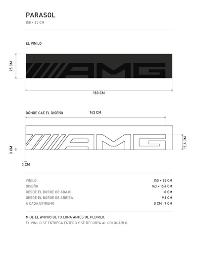 Lamina de medidas del parasol Mercedes-AMG plata con el lettering AMG en negro a lo ancho de la tira: el vinilo de 150 x 25 cm, donde cae el diseño y la tabla de medidas, de MOA-Grafics.