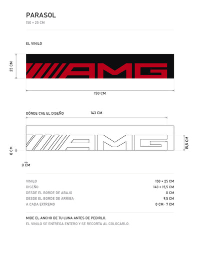 Lamina de medidas del parasol Mercedes-AMG negro con el lettering AMG en rojo a lo ancho de la tira: el vinilo de 150 x 25 cm, donde cae el diseño y la tabla de medidas, de MOA-Grafics.