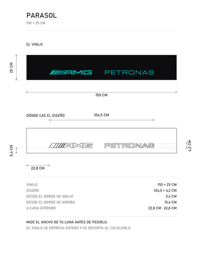 Lamina de medidas del parasol Mercedes-AMG negro con AMG y PETRONAS en turquesa: el vinilo de 150 x 25 cm, donde cae el diseno dentro de la tira y la tabla de medidas, de MOA-Grafics.