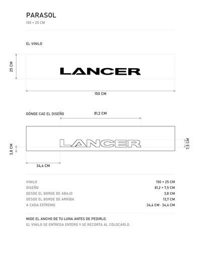Lamina de medidas del parasol Mitsubishi blanco con el lettering LANCER en negro: el vinilo de 150 x 25 cm, donde cae el diseño dentro de la tira y la tabla de medidas, de MOA-Grafics.